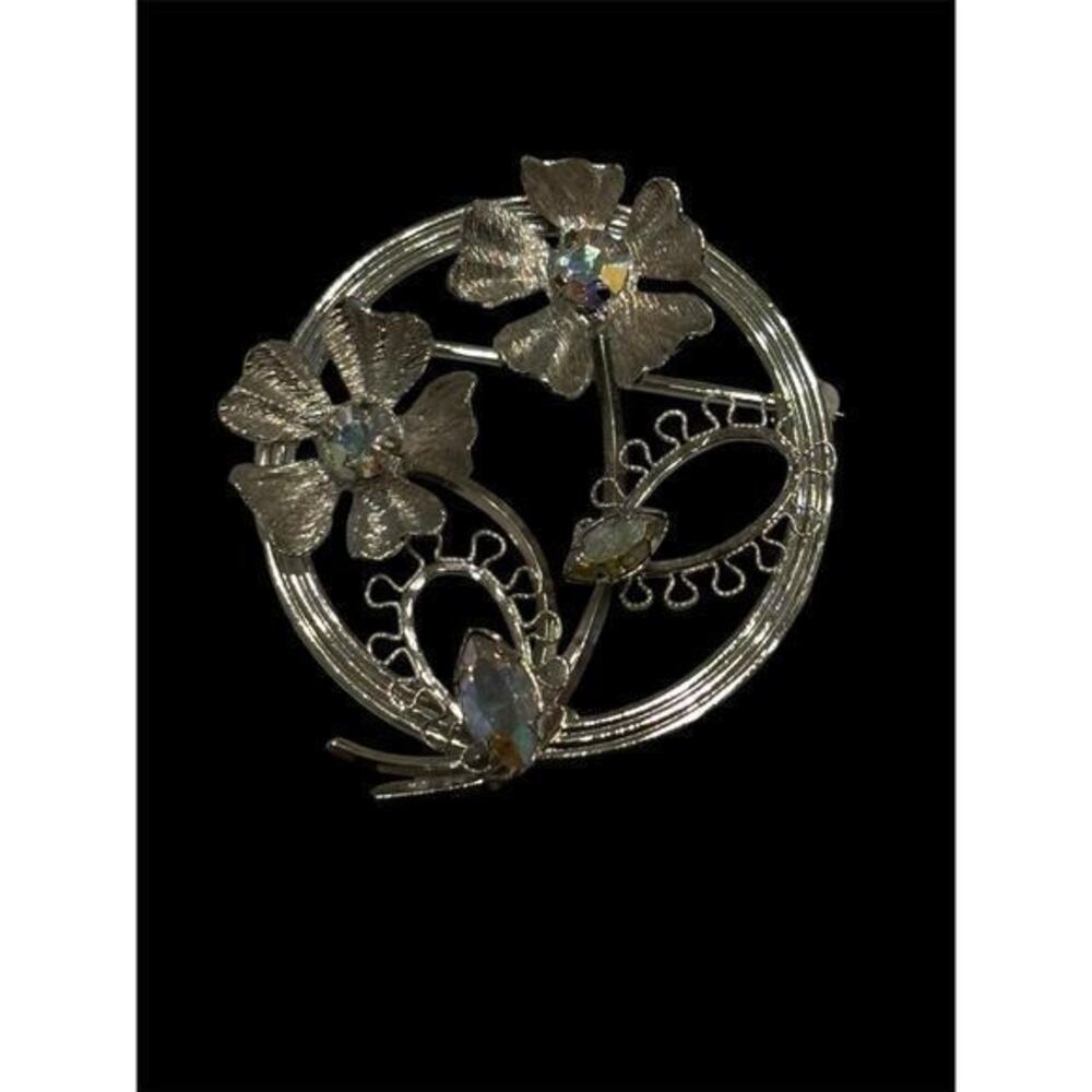 Vtg MCM Star Art Sterling Silver Aurora Borealis Flower Brooch 925